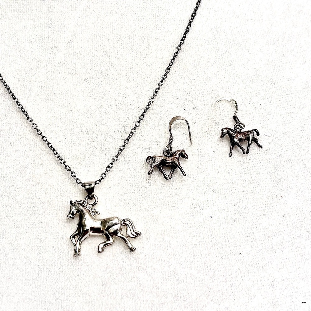 Sterling Silver Horse Pendant, Vintage Silver Chain & Horse Dangle Earrings Set